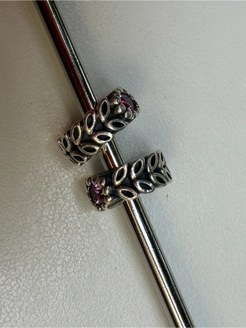Pandora 2x Flower Spacers Sterling Silver Floral Charm Bead with purple gem